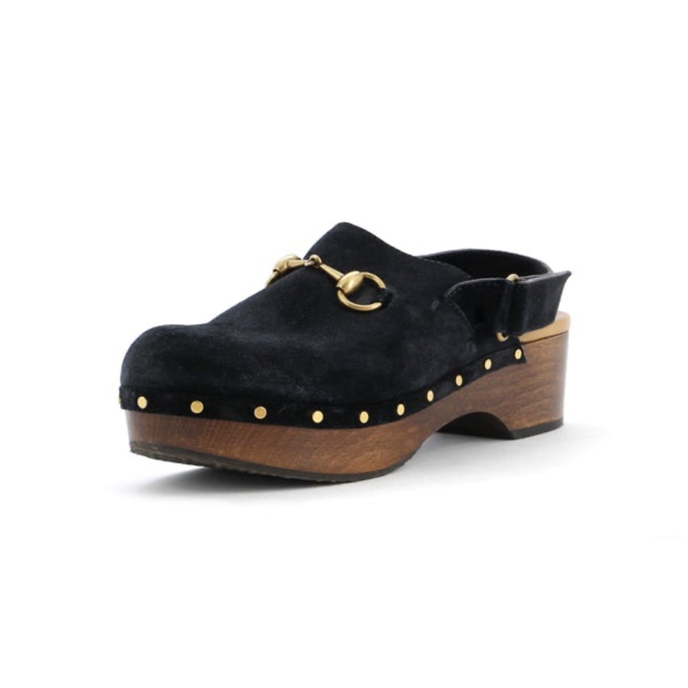 Gucci Black Suede Horsebit Clog Mules with Gold Studs